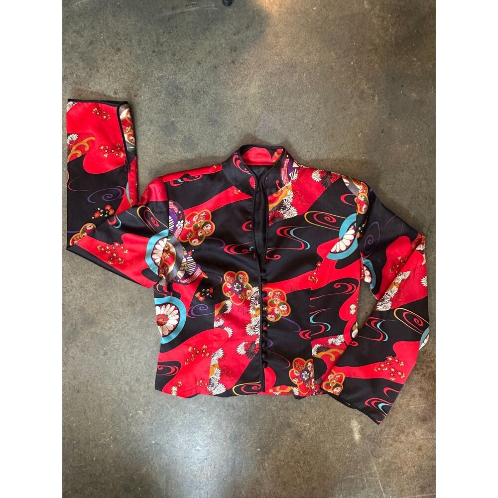 JS Collections Silk Jacket Floral Asian Print Mandarin Collar Red Black - Picture 1 of 8